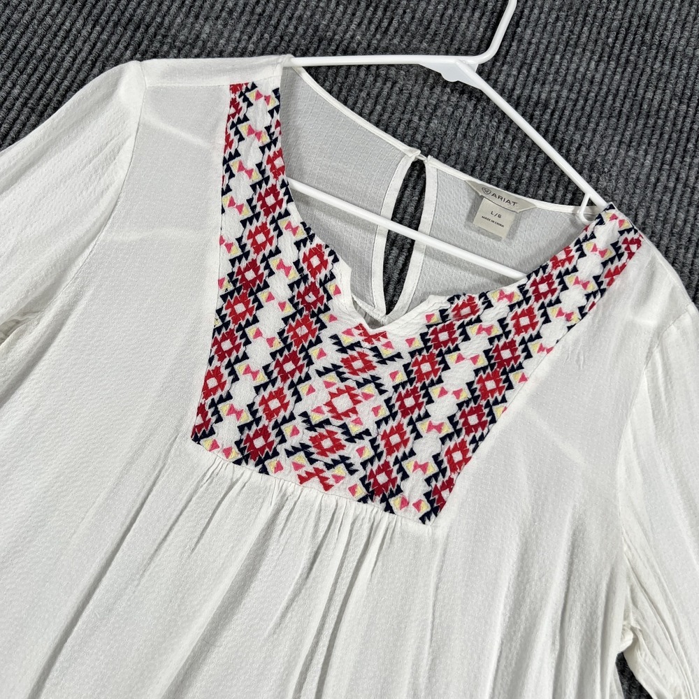 Ariat Blouse Womens Large White Embroidered Long Sleeve‎ Boho Peasant Top Rayon